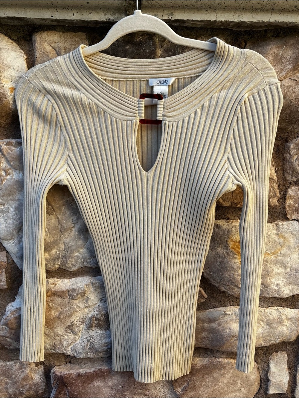 Cache Ribbed Top Long Sleeve Size Medium Beige Silk Stretch Vintage 90s